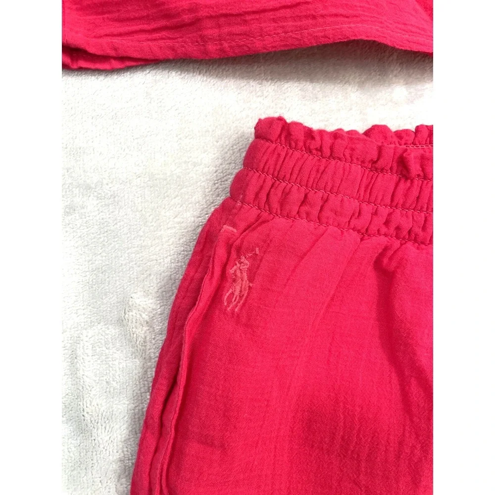 Ralph Lauren Top & Pants Set Girls 8 Red Ruffled Cotton Gauze Crochet Trim